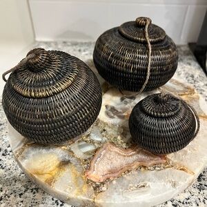 Set of Three Indonesian Lombok Woven Decorative Baskets